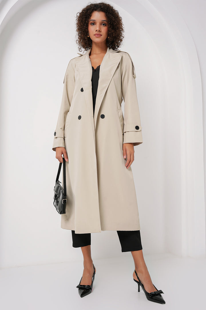 BGD Women Double Breasted Long Trench Coat - Stone - San José Villa de Allende