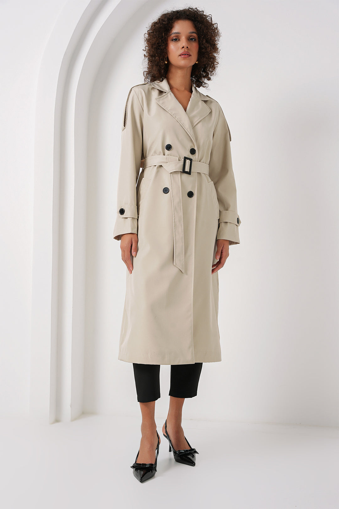 BGD Women Double Breasted Long Trench Coat - Stone - San José Villa de Allende