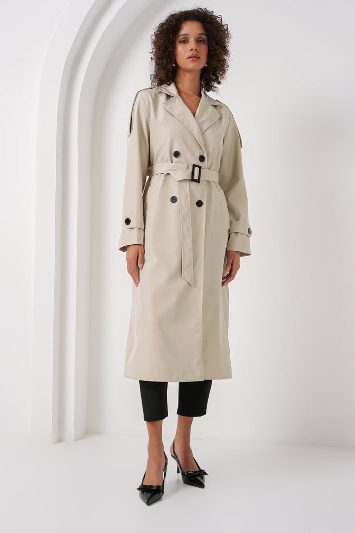 BGD Women Double Breasted Long Trench Coat - Stone - San José Villa de Allende