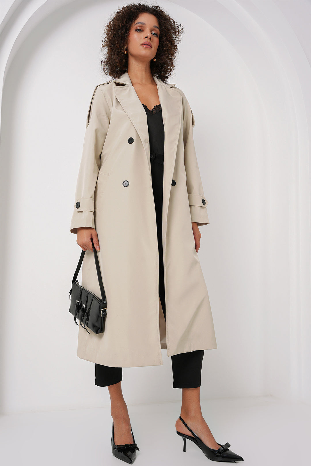 BGD Women Double Breasted Long Trench Coat - Stone - San José Villa de Allende