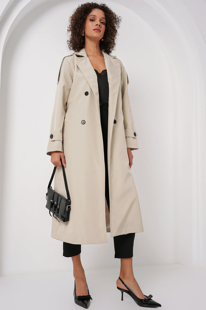 BGD Women Double Breasted Long Trench Coat - Stone - San José Villa de Allende