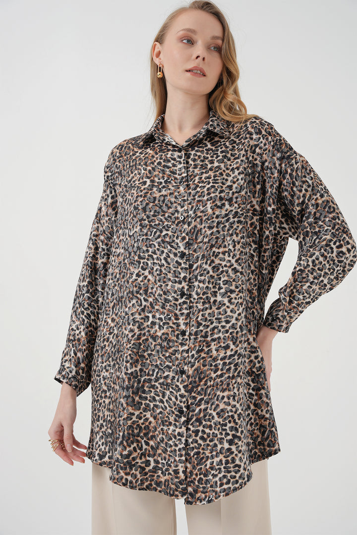 BGD Women Patterned Long Shirt Tunic - Dark Brown - Folkestone
