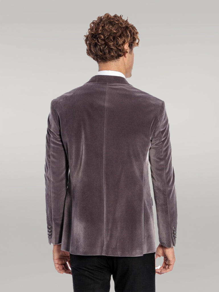 WSS Wide Peak Lapel Single Button Velvet Grey Men Blazer  - Singen