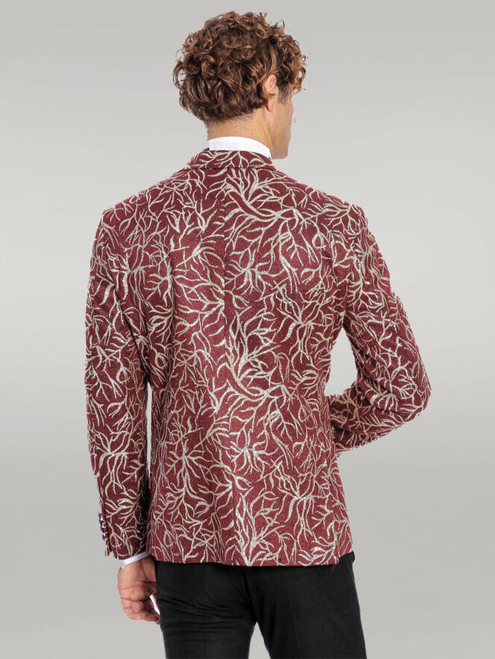 WSS Sparkling Ivy Patterned Slim Fit Burgundy Men Prom Blazer  - Singen