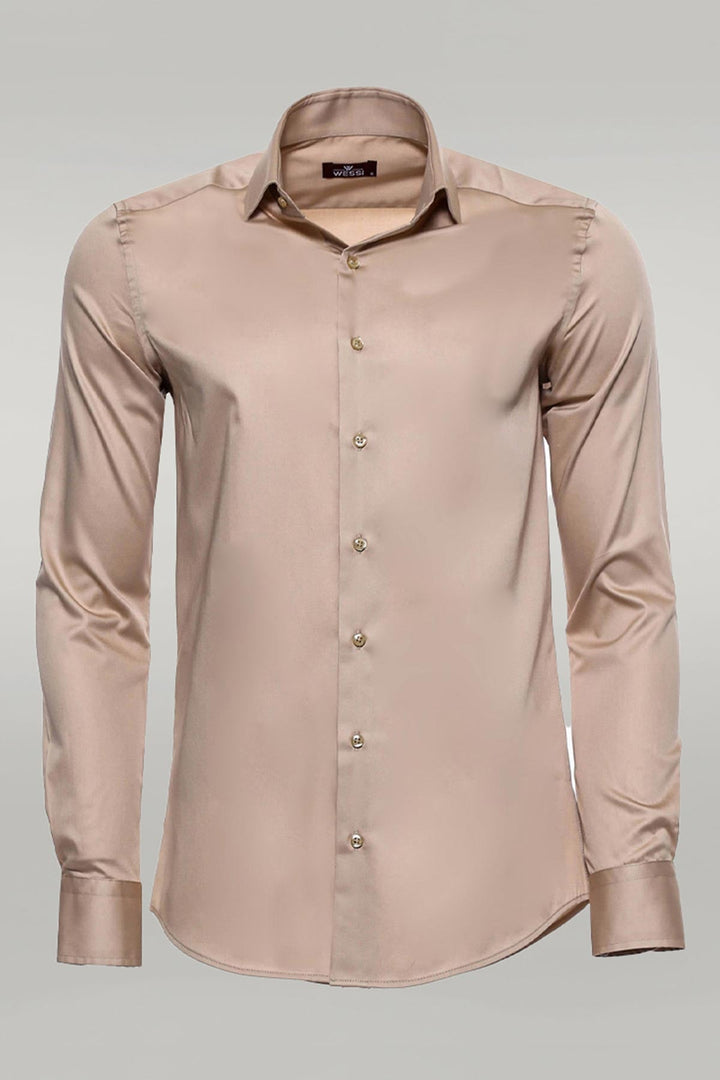 WSS Cotton Satin Plain Long Sleeves Slim Fit Beige Men Shirt  - Plymouth