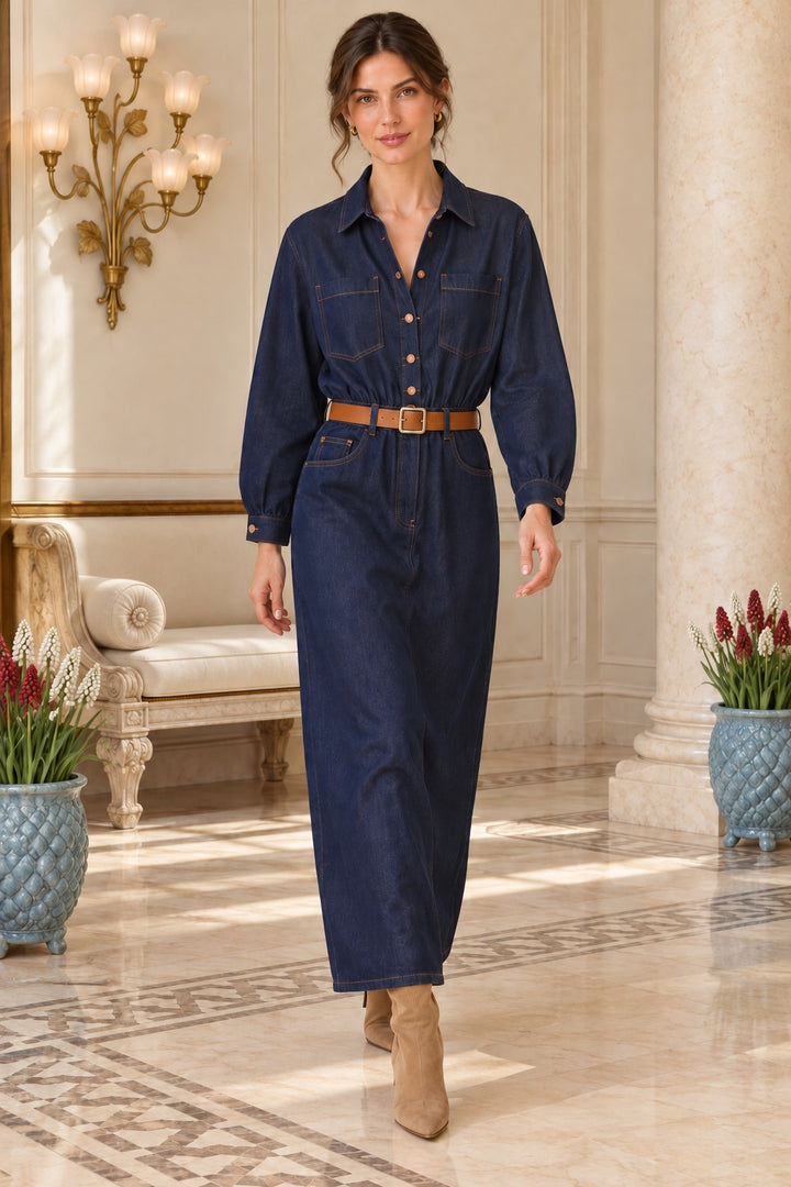 XLJ Belted Shirt Draped Denim Dress 3101 - Alexandria