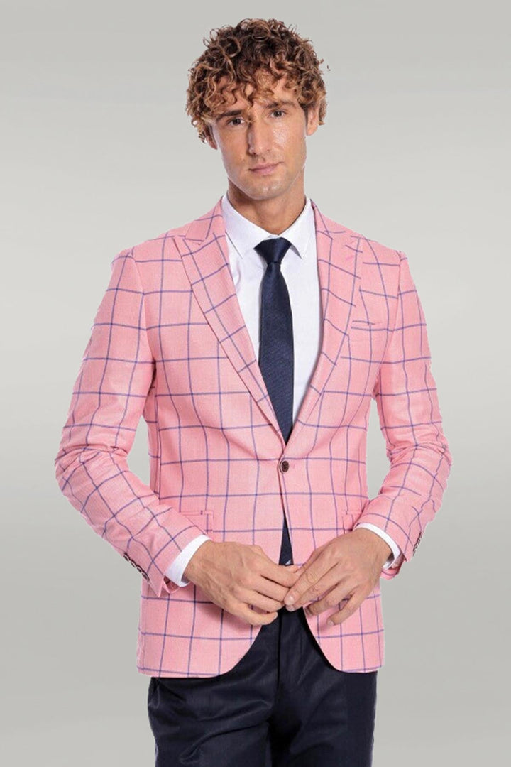 WSS Blue Plaid Patterned Slim Fit Pink Men Blazer  - Altamonte Springs