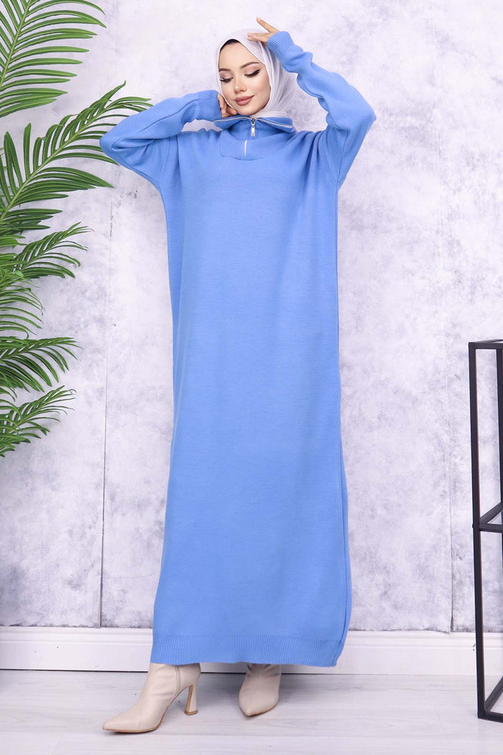 BNG Women Blue Knitted Dress with Zipper Collar - Keller