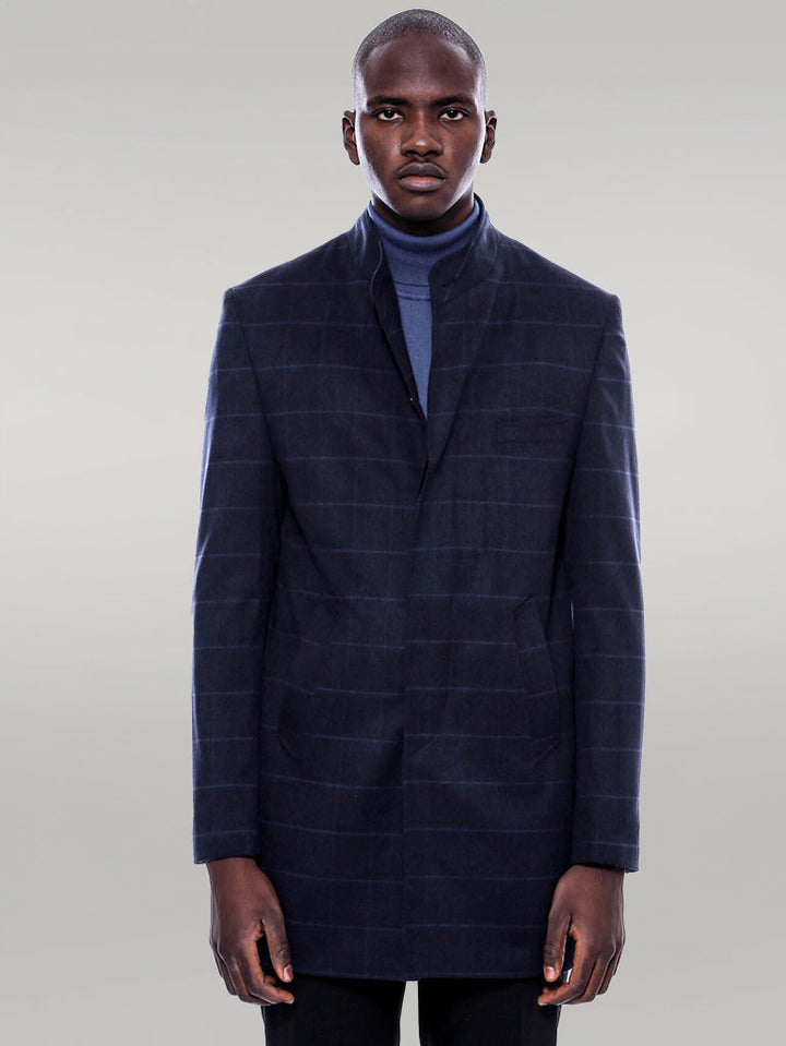 WSS Mandarin Collar Navy Checked Coat  - Singen