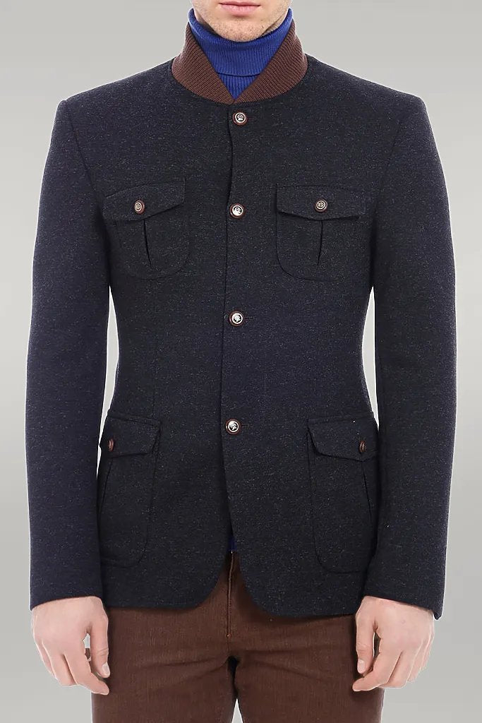 WSS 4 pocket Bag Pocket Knit Collar Black Jacket- - Singen
