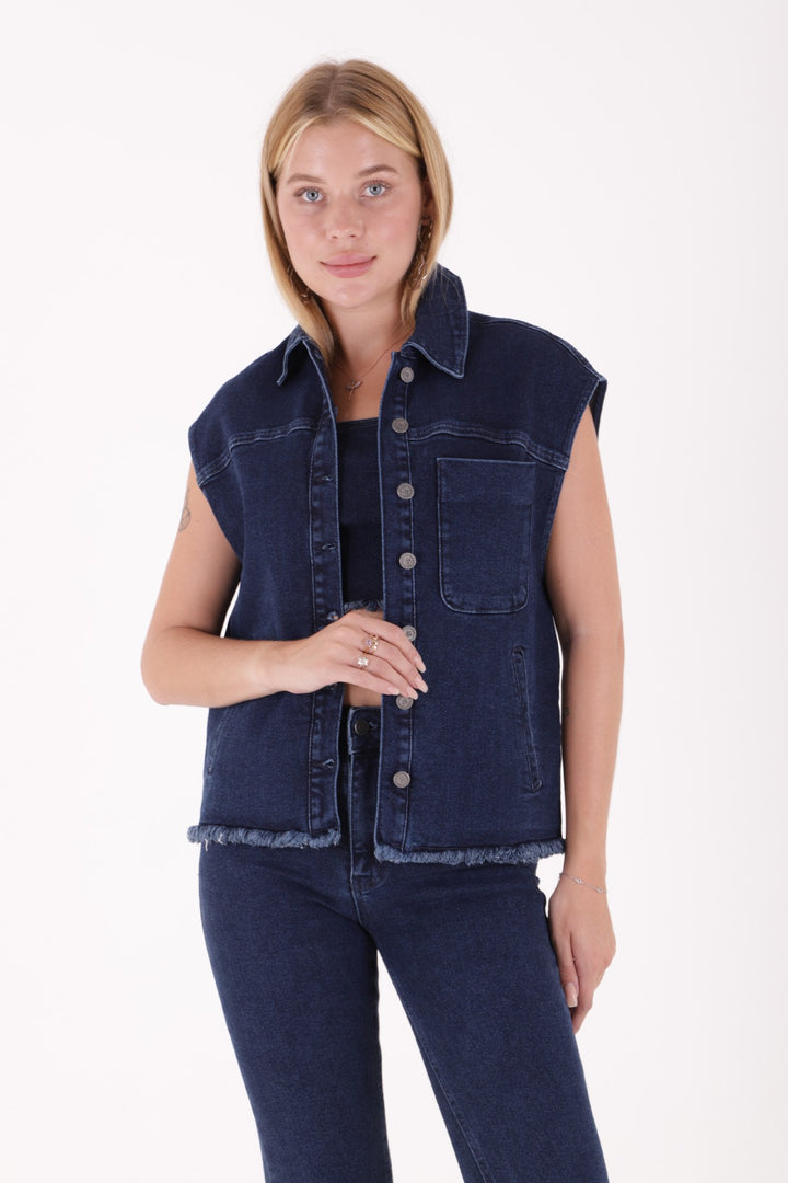 XLJ Fringe Ending Denim Vest with Pocket Mixed - Bordeaux