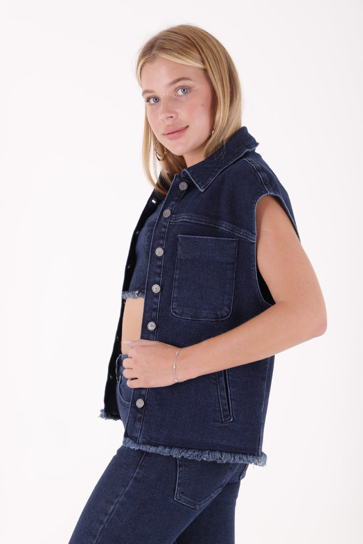 XLJ Fringe Ending Denim Vest with Pocket Mixed - Bordeaux