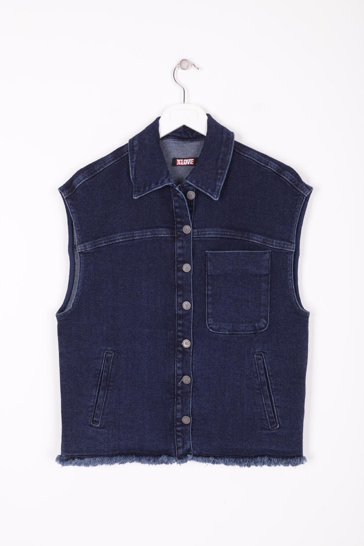 XLJ Fringe Ending Denim Vest with Pocket Mixed - Bordeaux