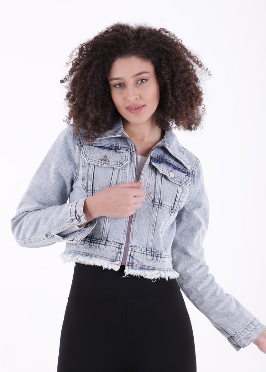 XLJ Short Denim Jacket with Zipper and Fringe Ending Mixed - Lancaster