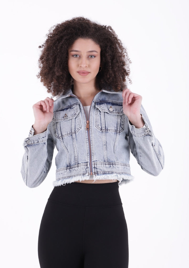 XLJ Short Denim Jacket with Zipper and Fringe Ending Mixed - Lancaster