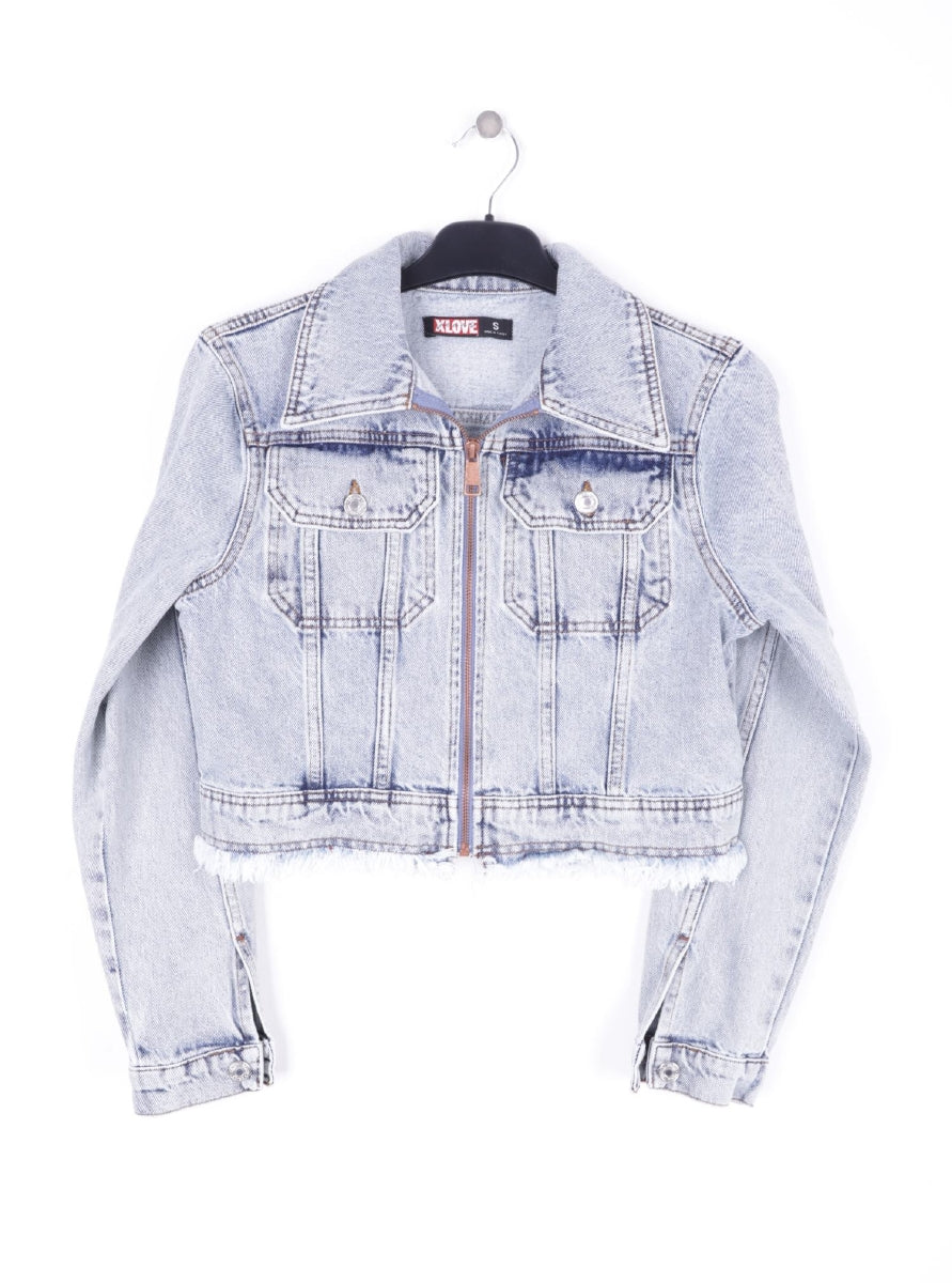 XLJ Short Denim Jacket with Zipper and Fringe Ending Mixed - Lancaster