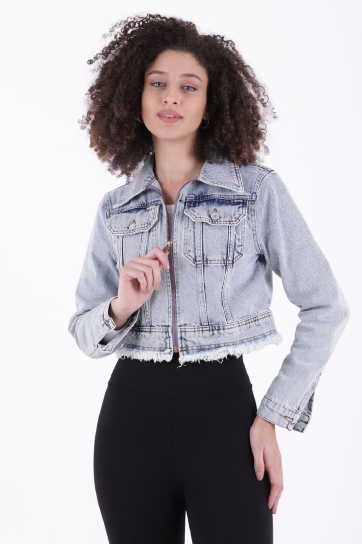 XLJ Short Denim Jacket with Zipper and Fringe Ending Mixed - Lancaster