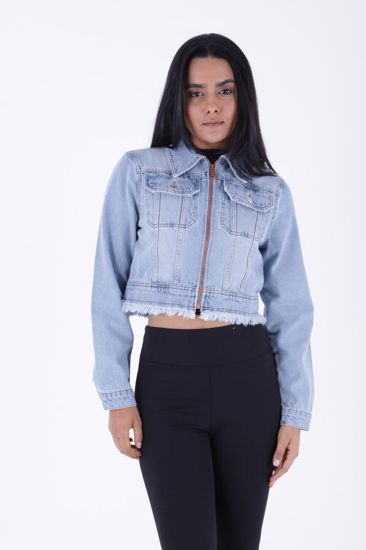XLJ Short Denim Jacket with Zipper and Fringe Ending Mixed - Bozeman