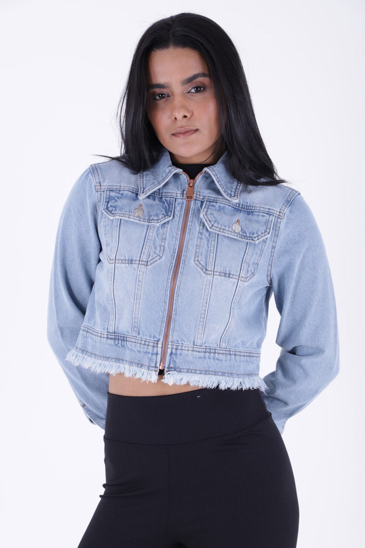 XLJ Short Denim Jacket with Zipper and Fringe Ending Mixed - Bozeman