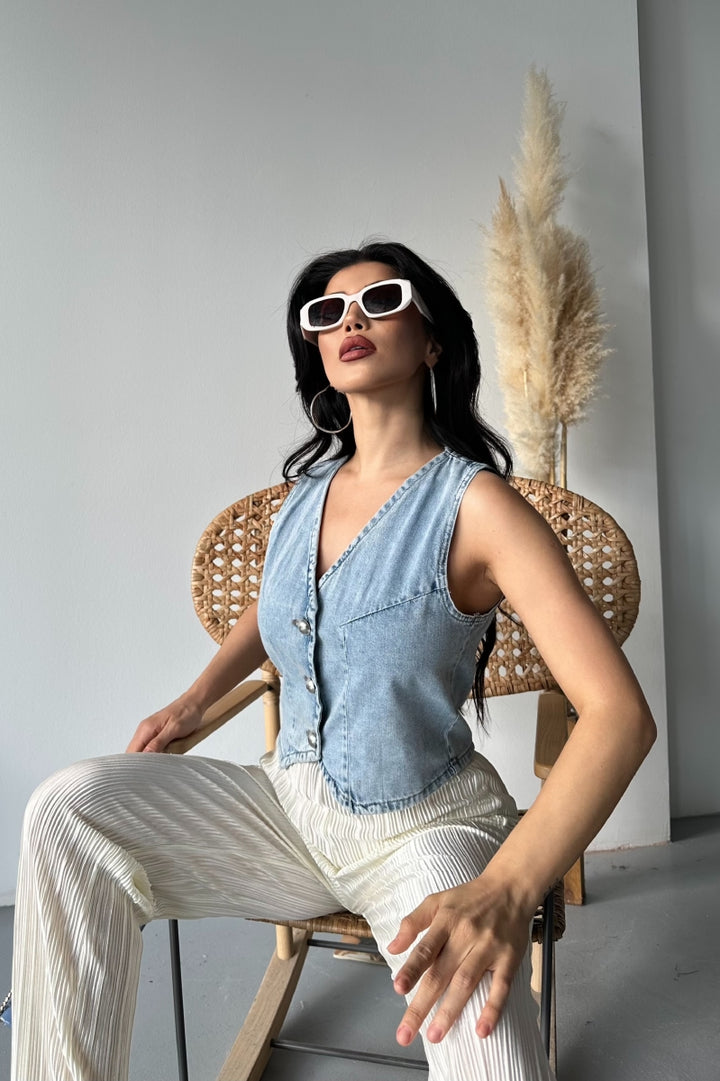 XLJ Denim Vest with Buttons - Dolores Hidalgo Cuna de la Independencia Nacional