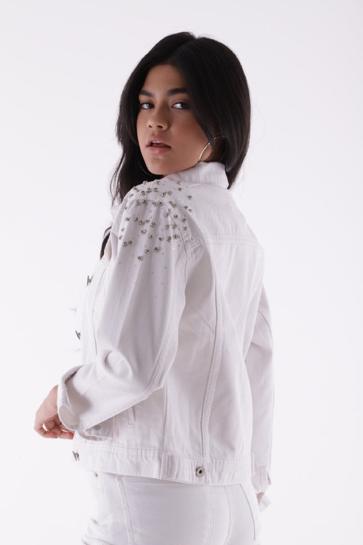 XLJ Classic Short Denim Jacket with Decorative Pieces on Shoulders - Union City