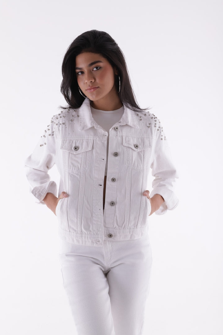 XLJ Classic Short Denim Jacket with Decorative Pieces on Shoulders - Union City