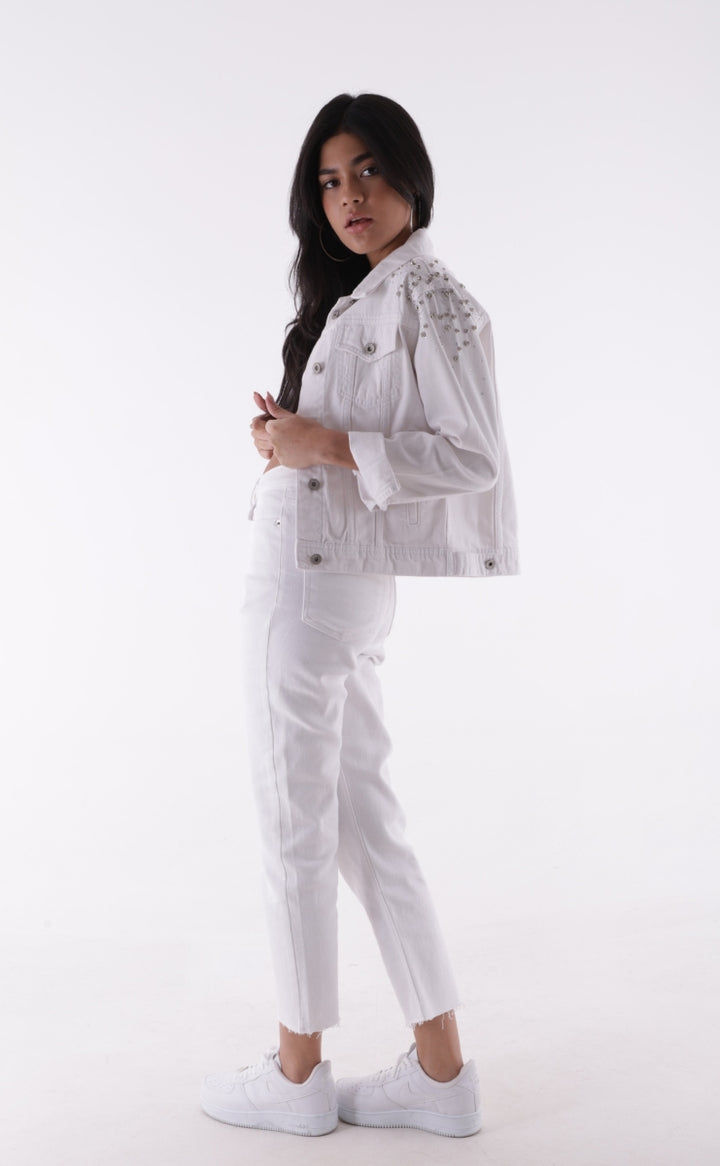 XLJ Classic Short Denim Jacket with Decorative Pieces on Shoulders - Union City