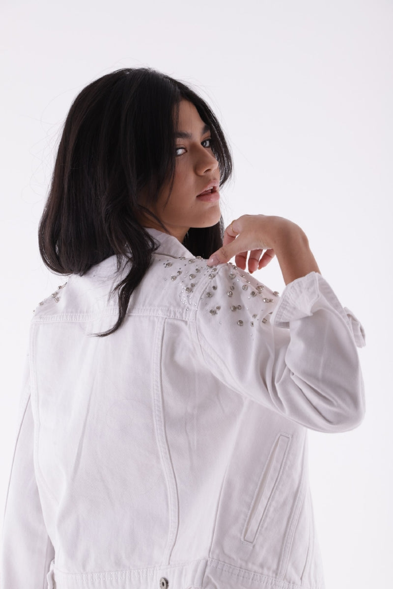XLJ Classic Short Denim Jacket with Decorative Pieces on Shoulders - Union City