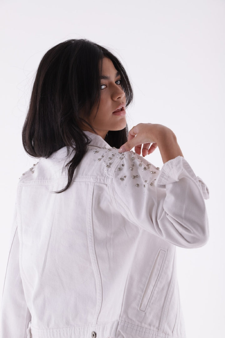 XLJ Classic Short Denim Jacket with Decorative Pieces on Shoulders - Union City
