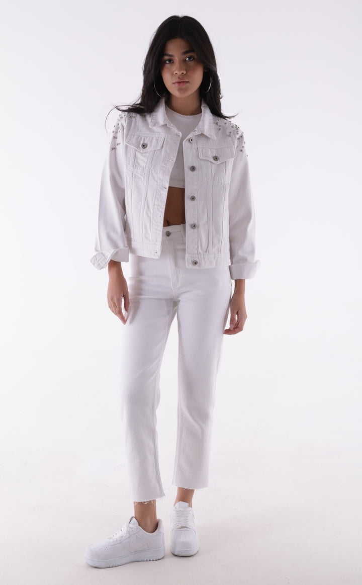 XLJ Classic Short Denim Jacket with Decorative Pieces on Shoulders - Union City