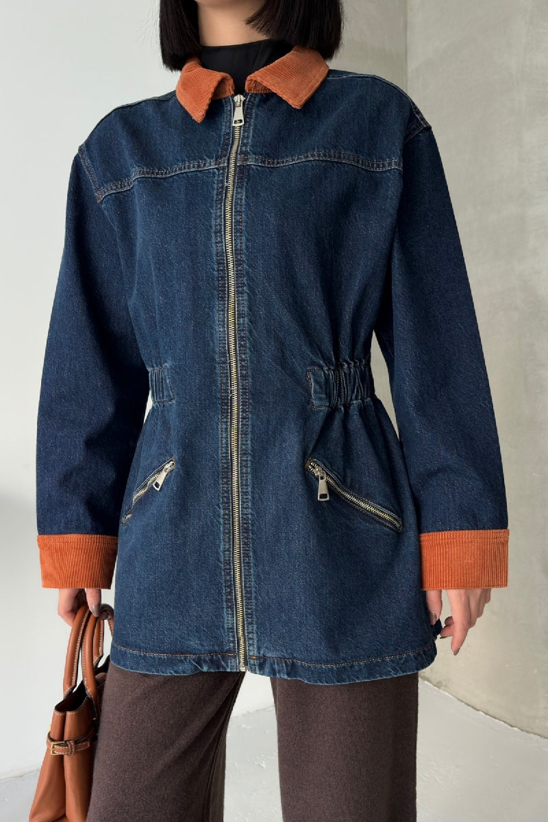 XLJ Velvet Piece Detailed Zippered Denim Jacket - Sioux City