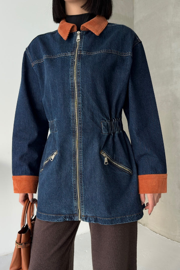 XLJ Velvet Piece Detailed Zippered Denim Jacket - Sioux City
