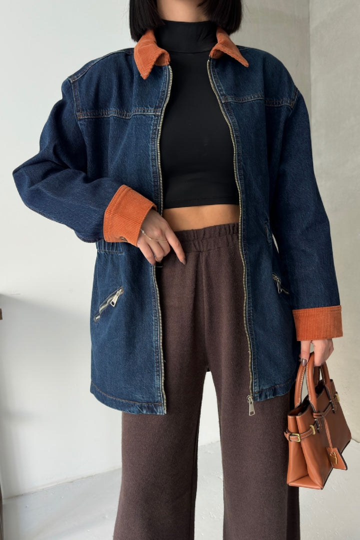 XLJ Velvet Piece Detailed Zippered Denim Jacket - Sioux City