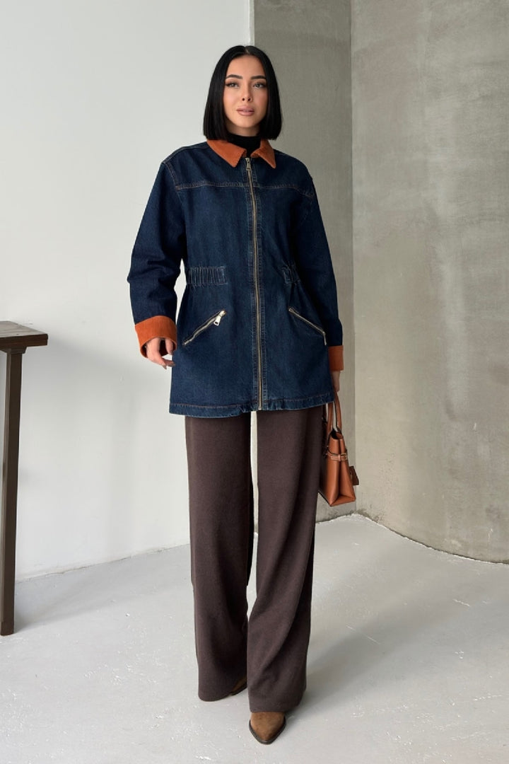 XLJ Velvet Piece Detailed Zippered Denim Jacket - Sioux City