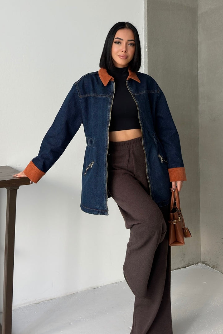 XLJ Velvet Piece Detailed Zippered Denim Jacket - Sioux City