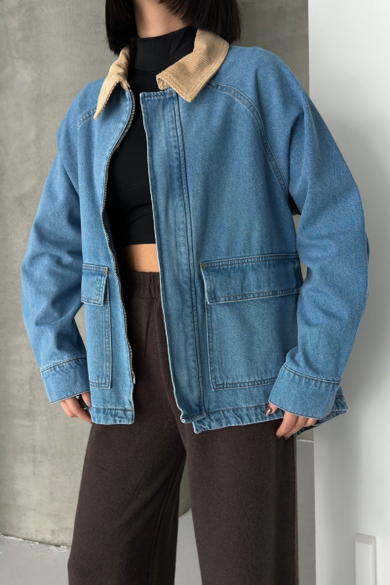XLJ Velvet Collar Long Back Denim Jacket - Bundaberg