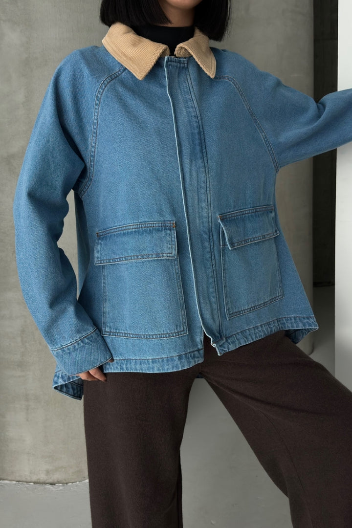 XLJ Velvet Collar Long Back Denim Jacket - Bundaberg