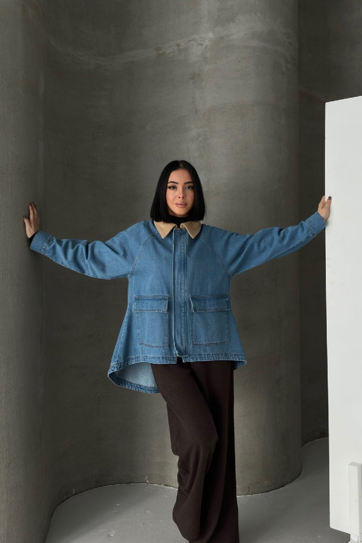 XLJ Velvet Collar Long Back Denim Jacket - Bundaberg