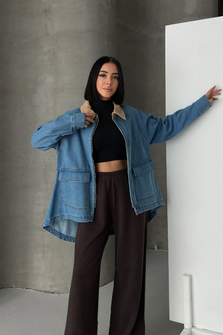 XLJ Velvet Collar Long Back Denim Jacket - Bundaberg