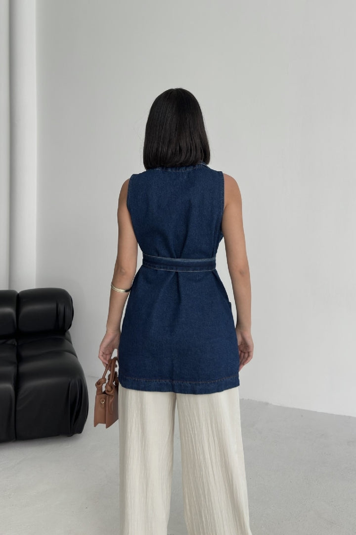XLJ Belted and Cross Over Collar Denim Vest - Prato