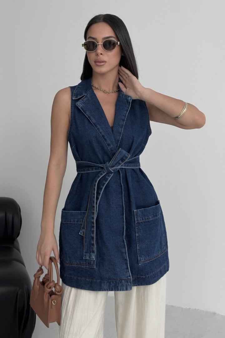 XLJ Belted and Cross Over Collar Denim Vest - Prato