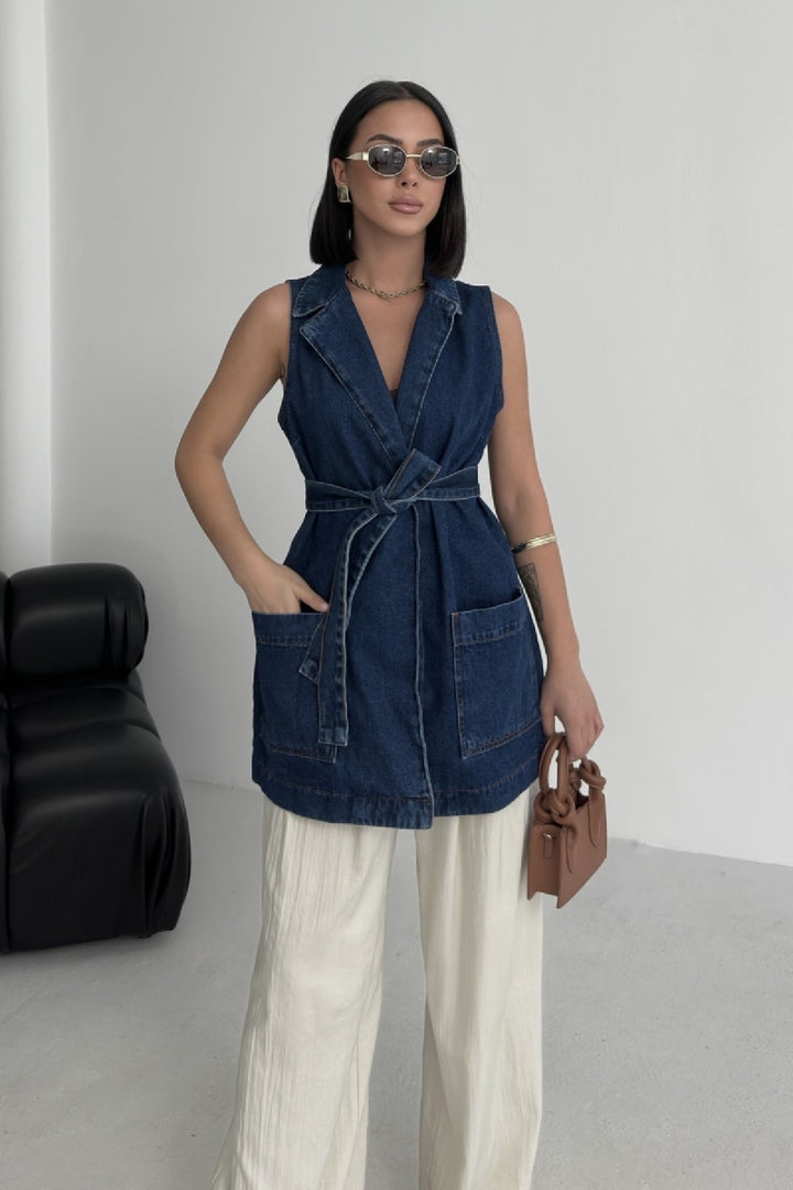 XLJ Belted and Cross Over Collar Denim Vest - Prato