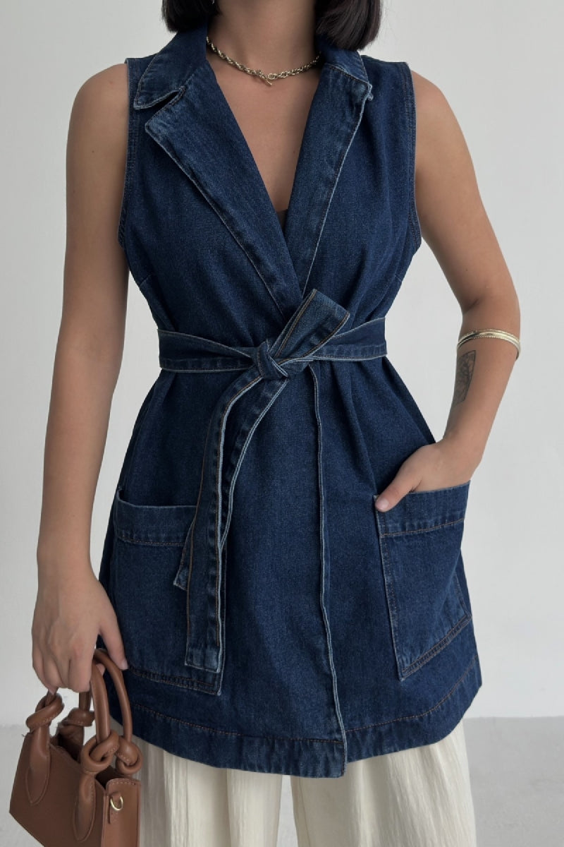XLJ Belted and Cross Over Collar Denim Vest - Prato