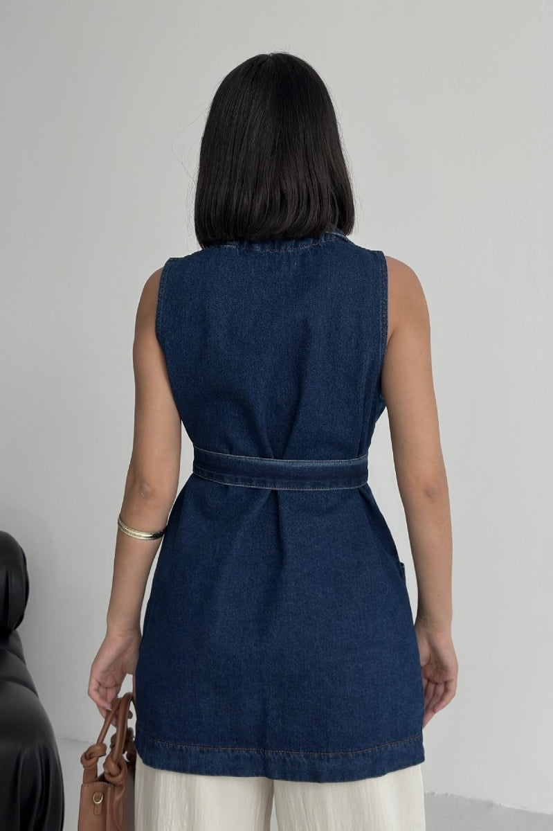 XLJ Belted and Cross Over Collar Denim Vest - Prato