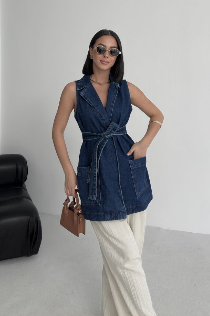 XLJ Belted and Cross Over Collar Denim Vest - Prato