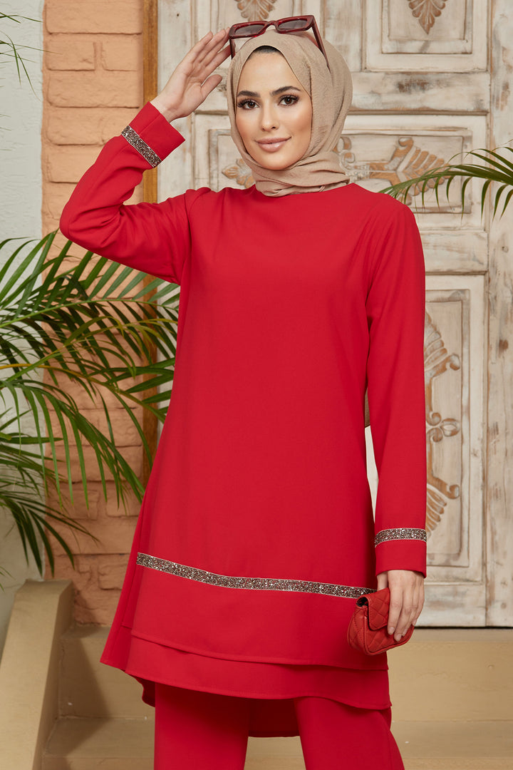 ZRF طقم تونيك نسائي مزين بالأحجار - أحمر - Berwyn