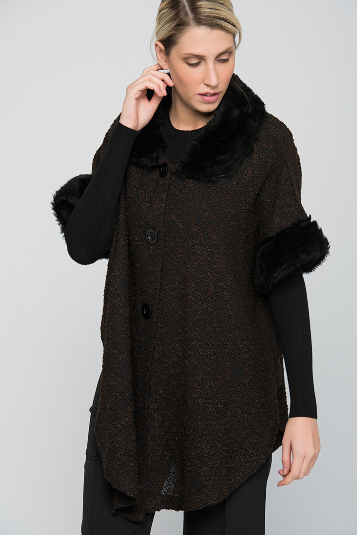 SNS Sense Coffee Black Collar and Cuff Fur-Lined Buttoned Front Coat - Manchester