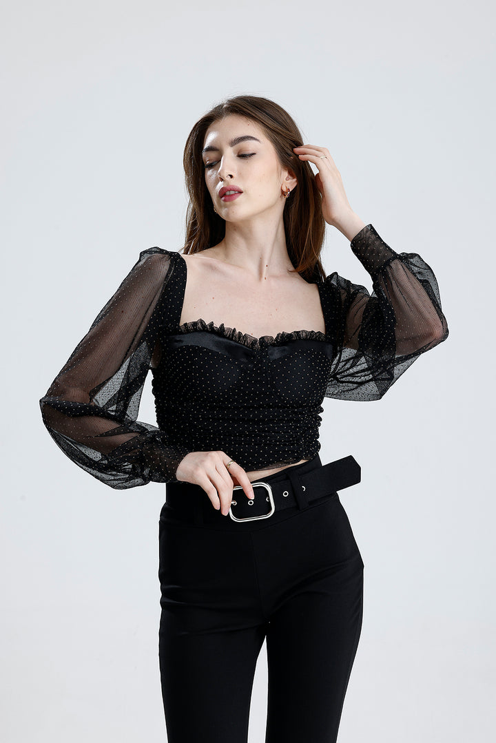 SNS Sense Black Back Zippered Gloved Short Sleeve Elasticated Tulle Blouse - Valdosta