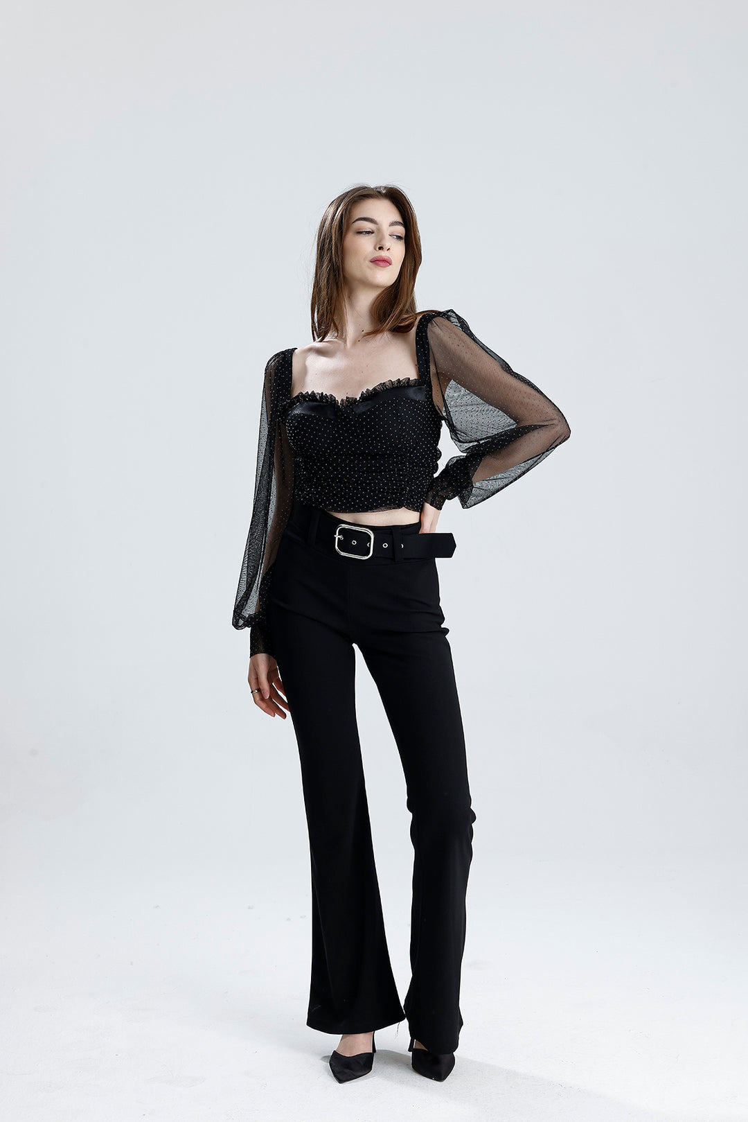 SNS Sense Black Back Zippered Gloved Short Sleeve Elasticated Tulle Blouse - Valdosta