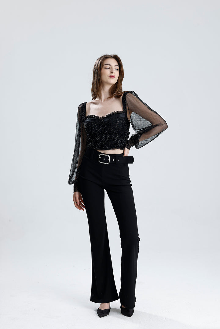 SNS Sense Black Back Zippered Gloved Short Sleeve Elasticated Tulle Blouse - Valdosta
